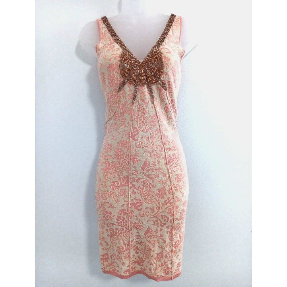 Sleeveless Pink Paisley Beaded V-Neck Dress